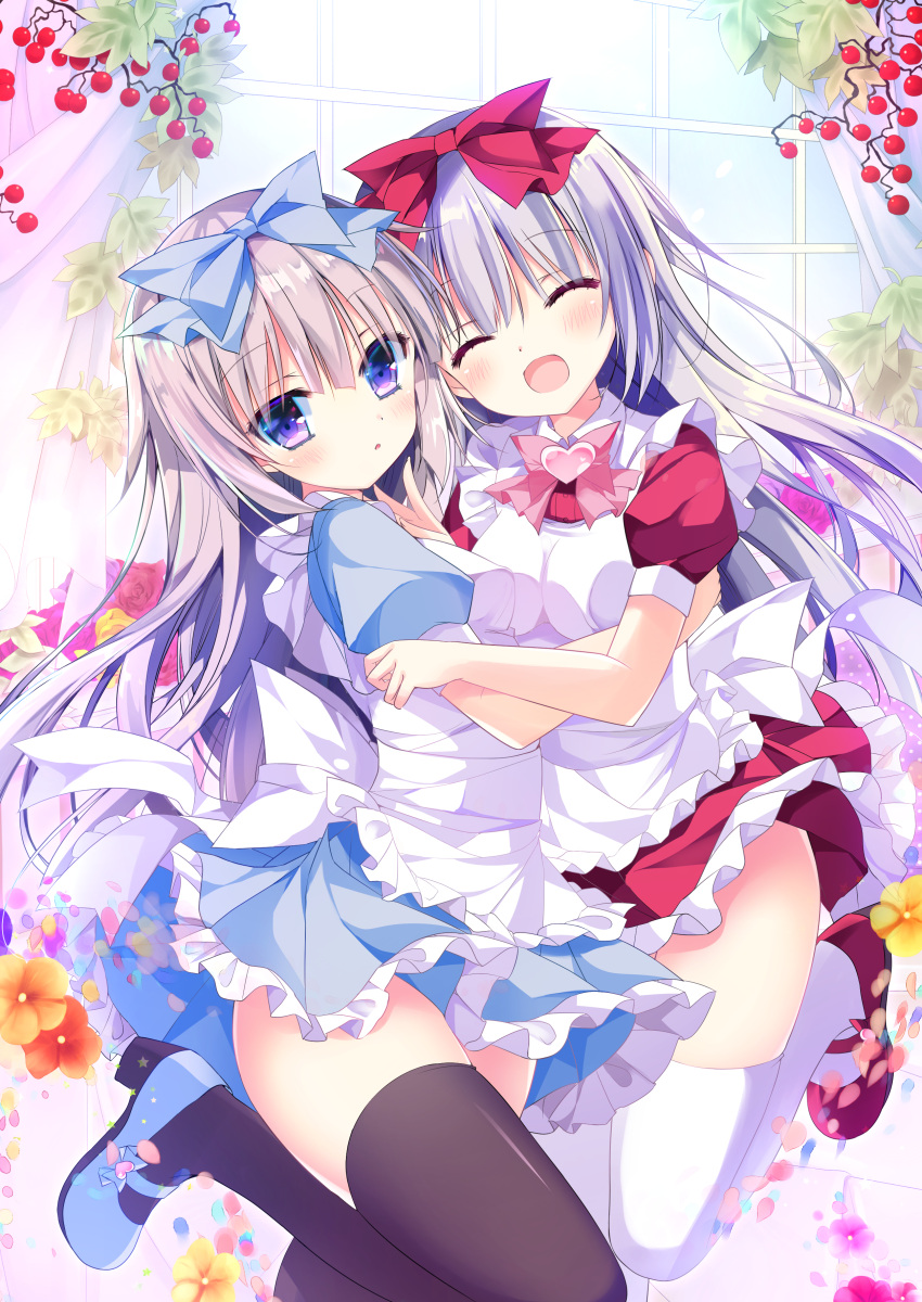 2girls :d :o ^_^ absurdres airi_(alice_or_alice) alice_or_alice apron bangs black_legwear blue_dress blue_footwear blush bow breasts closed_eyes day dress eyebrows_visible_through_hair frilled_apron frills grey_hair hair_between_eyes head_tilt heart high_heels highres indoors multiple_girls parted_lips pink_bow puffy_short_sleeves puffy_sleeves purple_eyes red_dress red_footwear rise_(alice_or_alice) shiwasu_horio shoes short_sleeves siblings sisters small_breasts smile thighhighs white_apron white_legwear window