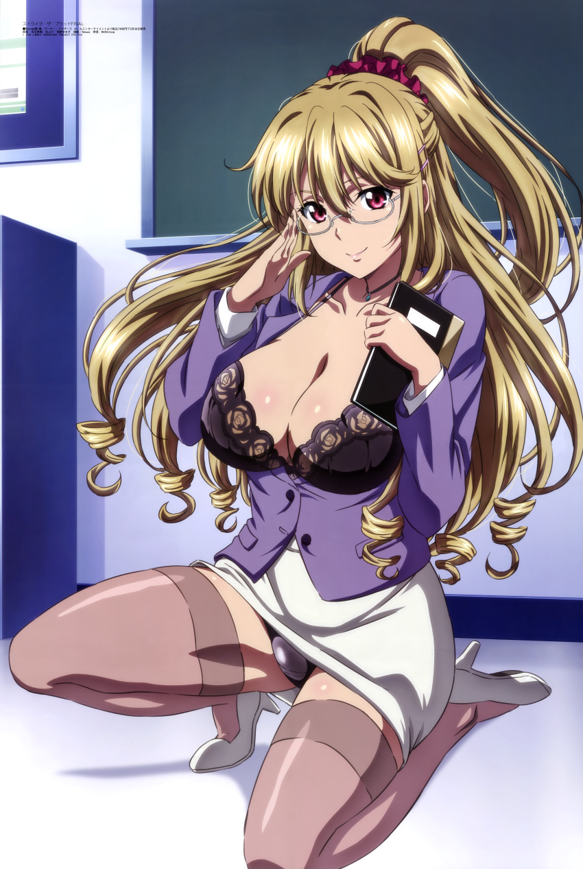 1girl absurdres aiba_asagi bangs black_bra black_panties blonde_hair book bra breasts brown_legwear chalkboard classroom cleavage closed_mouth clothes_lift drill_hair furukawa_hideki glasses hair_between_eyes hair_ornament high_heels highres holding holding_book indoors jacket lace-trimmed_bra lace_trim large_breasts long_hair megami_magazine official_art open_clothes open_shirt panties purple_jacket red_eyes salute scan shelf shirt skirt skirt_lift smile solo squatting strike_the_blood thighhighs underwear white_footwear white_shirt white_skirt
