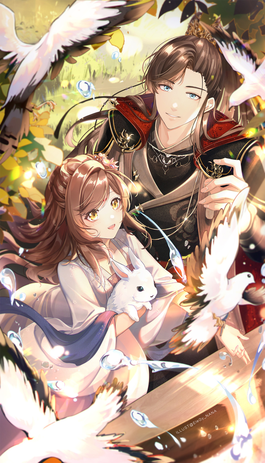 1boy 1girl :d absurdres animal artem_wing_(tears_of_themis) bangs bird blue_eyes brown_hair bunny chinese_clothes dove flower grass green_eyes hair_flower hair_ornament highres holding holding_animal long_hair long_sleeves looking_at_animal nana895 open_mouth outdoors ponytail rosa_(tears_of_themis) smile tears_of_themis