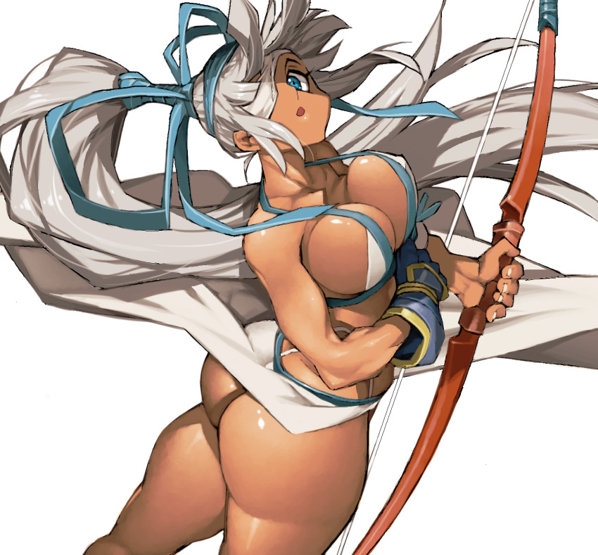 1girl ass bandage_over_one_eye blue_eyes bow_(weapon) breasts cleavage dark-skinned_female dark_skin eyepatch gloves highres large_breasts long_hair looking_at_viewer looking_back majikina_mina open_mouth partially_fingerless_gloves ponytail samurai_spirits sarong side-tie_skirt simple_background tan thong tied_hair weapon white_background white_hair white_sarong ysk!