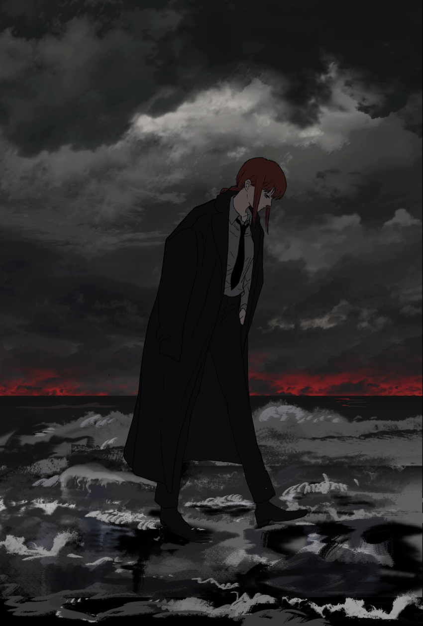 1girl beach black_coat black_footwear black_necktie black_pants braid braided_ponytail breasts chainsaw_man closed_mouth cloud cloudy_sky coat collared_shirt commentary dark dress_shirt expressionless formal full_body grey_sky hand_in_pocket highres looking_down makima_(chainsaw_man) medium_hair necktie ocean open_clothes open_coat outdoors pants red_hair red_sky shinamoku00 shirt shoes sidelocks sky small_breasts solo trench_coat walking waves white_shirt wing_collar yellow_eyes