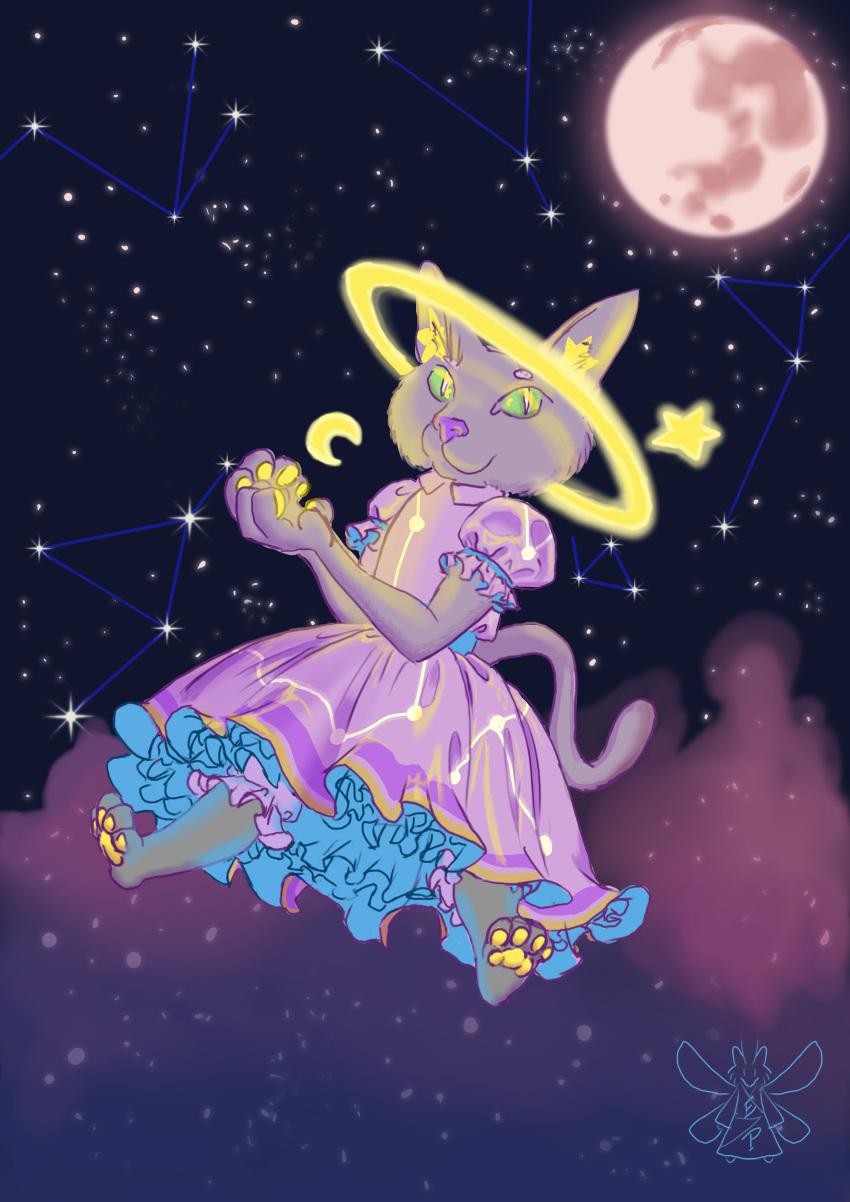 absurd_res clothing cosmic domestic_cat draw_this_in_your_style dress dtiys felid feline felis female floating frilly glowing hi_res mammal moon pawpads paws solo star