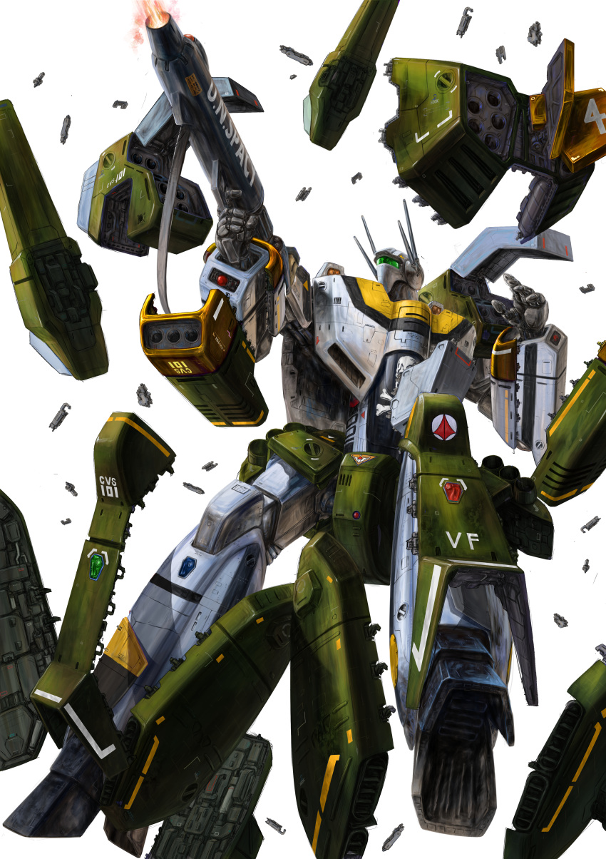 absurdres choujikuu_yousai_macross firing gun gunpod highres holding holding_gun holding_weapon looking_up macross mecha no_humans open_hand roundel science_fiction solo variable_fighter vf-1s weapon white_background zandan_zero_to_na!?