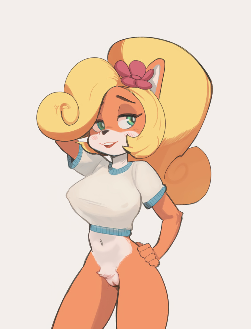 activision anthro bandicoot blonde_hair bottomless breasts clothed clothing coco_bandicoot crash_bandicoot_(series) crotch_tuft edit eyebrows eyelashes female fridge_(artist) front_view genitals green_eyes hair hand_on_hip hi_res looking_away mammal marsupial navel nipples partially_clothed pussy shirt simple_background solo topwear tuft video_games white_background