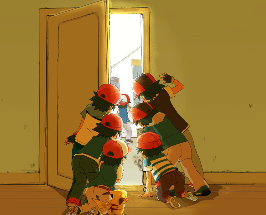 6+boys all_fours ash_ketchum baseball_cap black_hair blurry blurry_background child commentary_request doorway hat highres male_focus multiple_boys pikachu pokemon short_hair terumin857 time_paradox watch watching younger