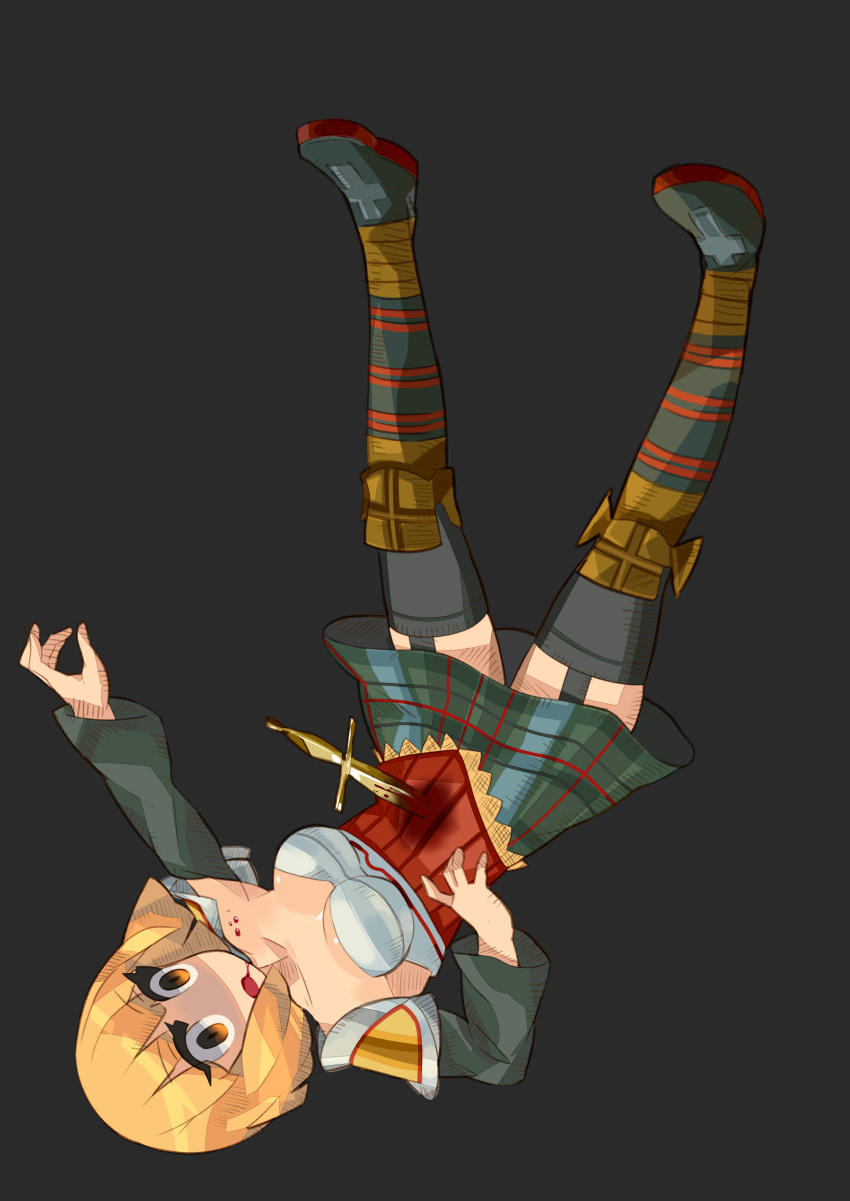 1girl absurdres armor blonde_hair blood breasts brown_eyes detached_sleeves fgz full_body highres knife medium_breasts open_mouth plaid samantha_(vagrant_story) short_hair simple_background skirt solo stab tattoo thighhighs vagrant_story