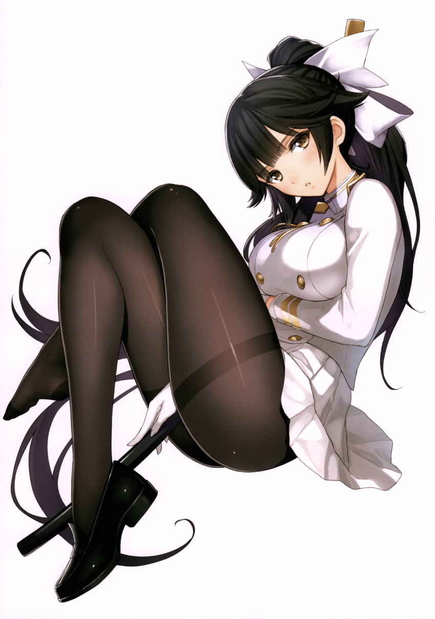 1girl absurdres azur_lane bangs black_hair blush bow breasts brown_eyes full_body gloves hair_bow highres katana large_breasts loafers long_hair long_sleeves looking_at_viewer military military_uniform pantyhose scan shiny shiny_clothes shoes simple_background skirt solo sword takao_(azur_lane) tied_hair tony_taka uniform weapon white_background