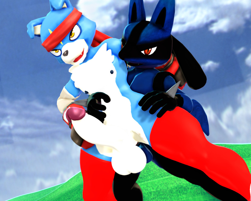 accessory anal anal_penetration anthro balls bandai_namco blue_body blue_fur canid canine claws digimon digimon_(species) duo erection fur gaomon genitals headband hi_res lucario male male/male male_penetrated male_penetrating male_penetrating_male malicekira mammal muscular muscular_male nintendo nipples open_mouth penetration penis pok&eacute;mon pok&eacute;mon_(species) smile video_games white_body