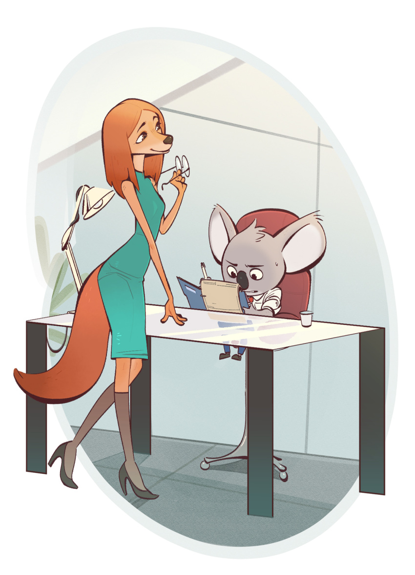 anthro buster_moon canid canine canis desk domestic_dog duo female furniture hi_res high_heels hunting_dog illumination_entertainment junyois koala larger_female male mammal marsupial nervous saluki shorter_male sighthound sing_(movie) size_difference smaller_male suki_lane swivel_chair table taller_female vombatiform writing_text