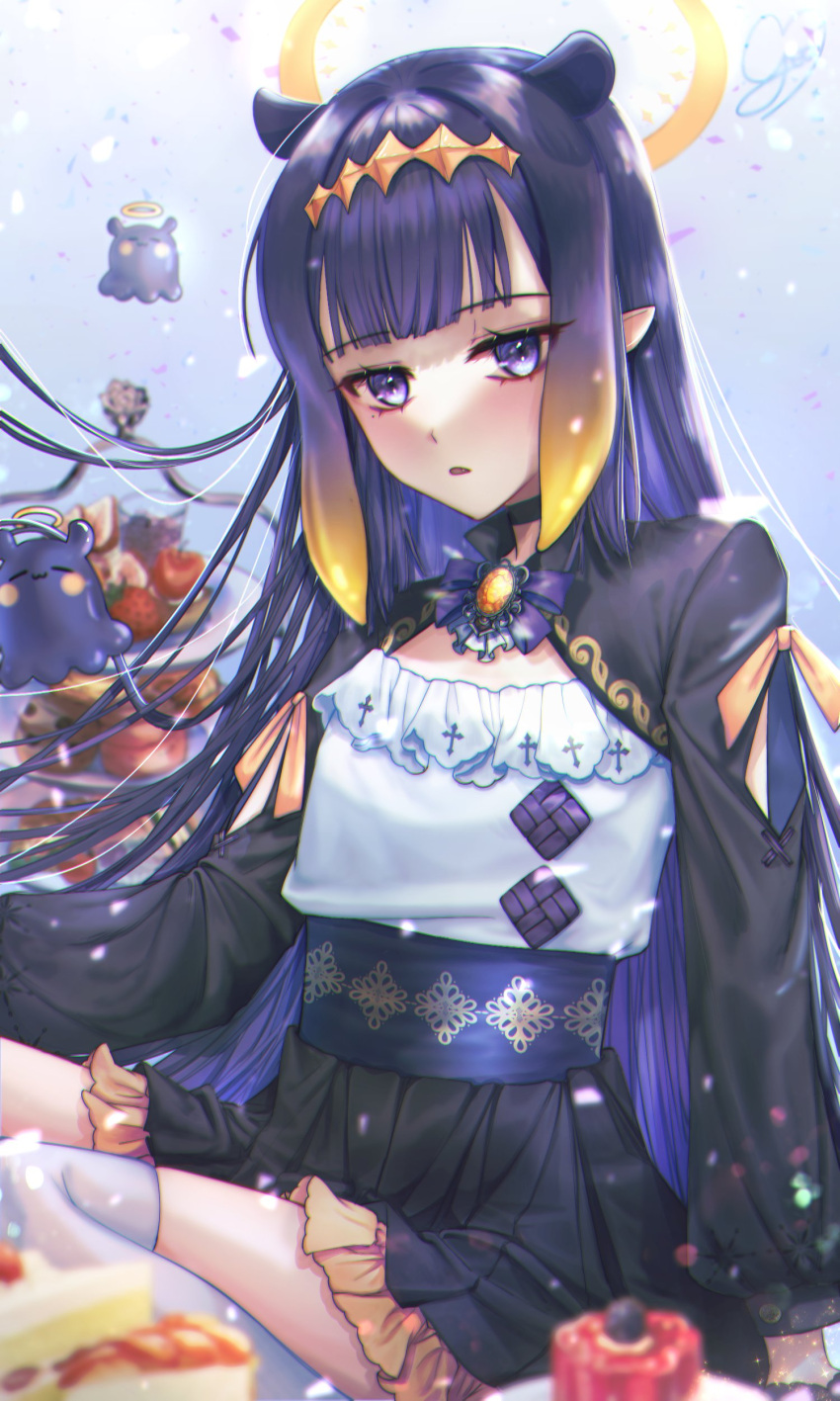 1girl absurdres apple black_skirt blush cake cleavage_cutout clothing_cutout eyebrows_visible_through_hair flat_chest food frills fruit gelatin hair_behind_ear halo head_tilt highres hololive hololive_english looking_at_viewer ninomae_ina'nis pointy_ears purple_eyes purple_hair shoulder_cutout shrug_(clothing) sitting skirt solo tako_(ninomae_ina'nis) tentacle_hair virtual_youtuber yeon6432