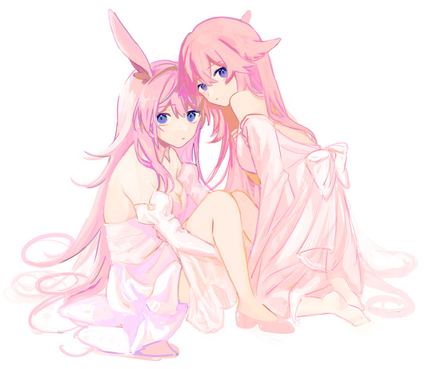 2girls absurdres animal_ears bangs closed_mouth company_connection crossover dress fox_ears full_body genshin_impact highres honkai_(series) honkai_impact_3rd long_hair looking_at_viewer mihoyo_technology_(shanghai)_co._ltd. multiple_girls pink_dress pink_hair pink_sleeves purple_eyes sakura_ayane simple_background sketch strapless strapless_dress trait_connection tsuzuki908 voice_actor_connection white_background yae_miko yae_sakura