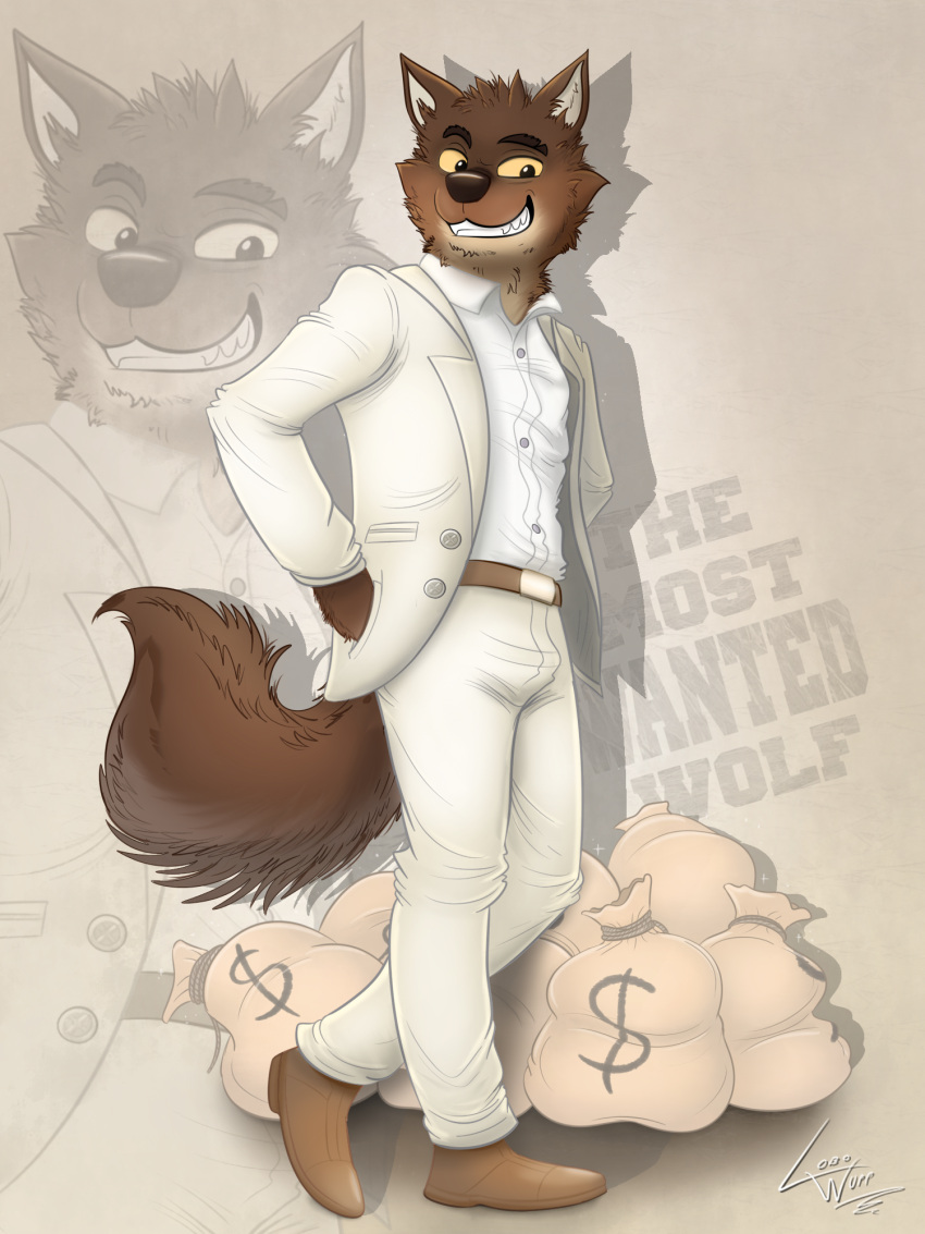anthro bottomwear canid canine canis clothing dreamworks footwear hi_res lobowupp male mammal money pants shoes solo suit suits the_bad_guys thieves wolf