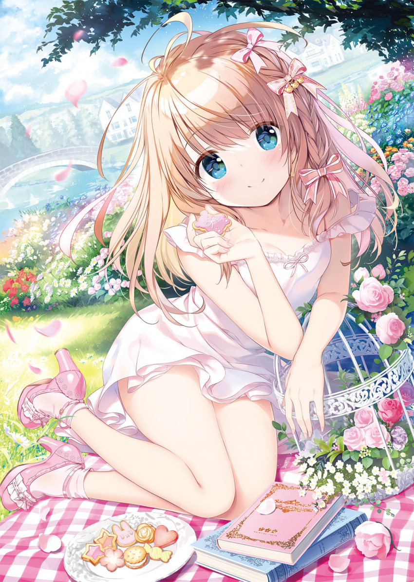1girl bangs birdcage blue_eyes book bow braid bridge brown_hair building cage closed_mouth collarbone commentary_request cookie day dress eyebrows_visible_through_hair flower food hair_bow head_tilt high_heels highres kimishima_ao long_hair momoi_saki off-shoulder_dress off_shoulder original outdoors petals picnic pink_bow pink_flower pink_footwear pink_rose plate red_flower red_rose river rose shoes smile socks very_long_hair water white_dress white_legwear