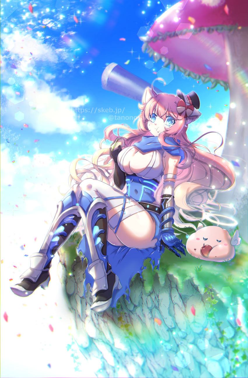 1girl :t alternate_color angeling animal_ears apple armored_boots bangs black_headwear blue_armor blue_cape blue_eyes blue_scarf blue_sky boots bow breasts cape cat_ears cleavage closed_mouth cloud commentary_request commission cowlick day eating food fruit full_body gauntlets guillotine_cross_(ragnarok_online) hair_bow halo hat highres holding holding_food large_breasts lens_flare long_hair looking_at_viewer mushroom official_alternate_costume outdoors pink_hair ragnarok_online red_bow rock sandwich scarf skeb_commission sky slime_(creature) tanono thighhighs top_hat torn_cape torn_clothes two-tone_bow waist_cape watermark white_legwear yellow_bow