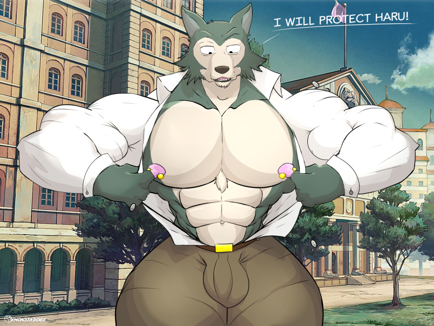 4:3 absurd_res anthro beastars bulge college hi_res hyper legoshi_(beastars) male monstadog muscular muscular_anthro nipple_piercing nipples piercing school solo