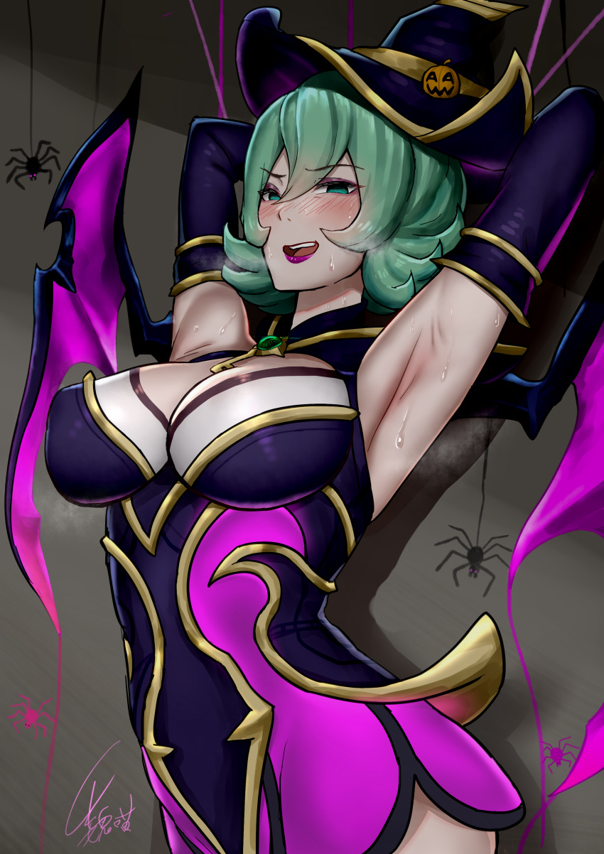 absurdres armpits bangs bewitching_elise black_dress black_headwear black_sleeves blush breasts brown_background bug commentary_request detached_sleeves dress elise_(league_of_legends) eyebrows_visible_through_hair green_hair halloween highres large_breasts league_of_legends pink_dress pink_wings shiny shiny_hair short_hair signature smile solo spider sweat two-tone_dress two-tone_headwear two-tone_wings upper_body wei_miao wings