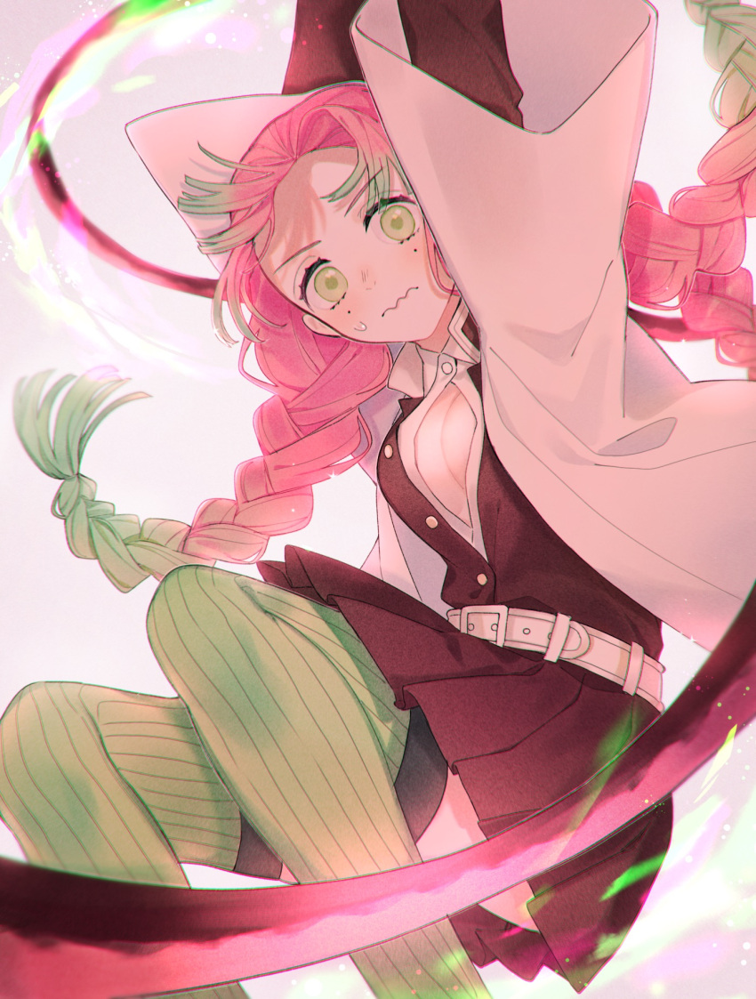 1girl arms_up bangs belt belt_buckle black_jacket black_skirt blush braid breasts buckle buttons cleavage closed_mouth dress_shirt floor_6969 gradient_hair green_eyes green_hair green_legwear hair_intakes haori highres holding holding_sword holding_weapon jacket japanese_clothes kanroji_mitsuri kimetsu_no_yaiba large_breasts long_hair long_sleeves looking_at_viewer miniskirt mole mole_under_eye multicolored_hair open_clothes open_jacket open_shirt partially_unbuttoned pink_hair pleated_skirt shirt skirt solo sweatdrop sword thighhighs twin_braids wavy_mouth weapon whip_sword white_belt white_shirt wing_collar zettai_ryouiki