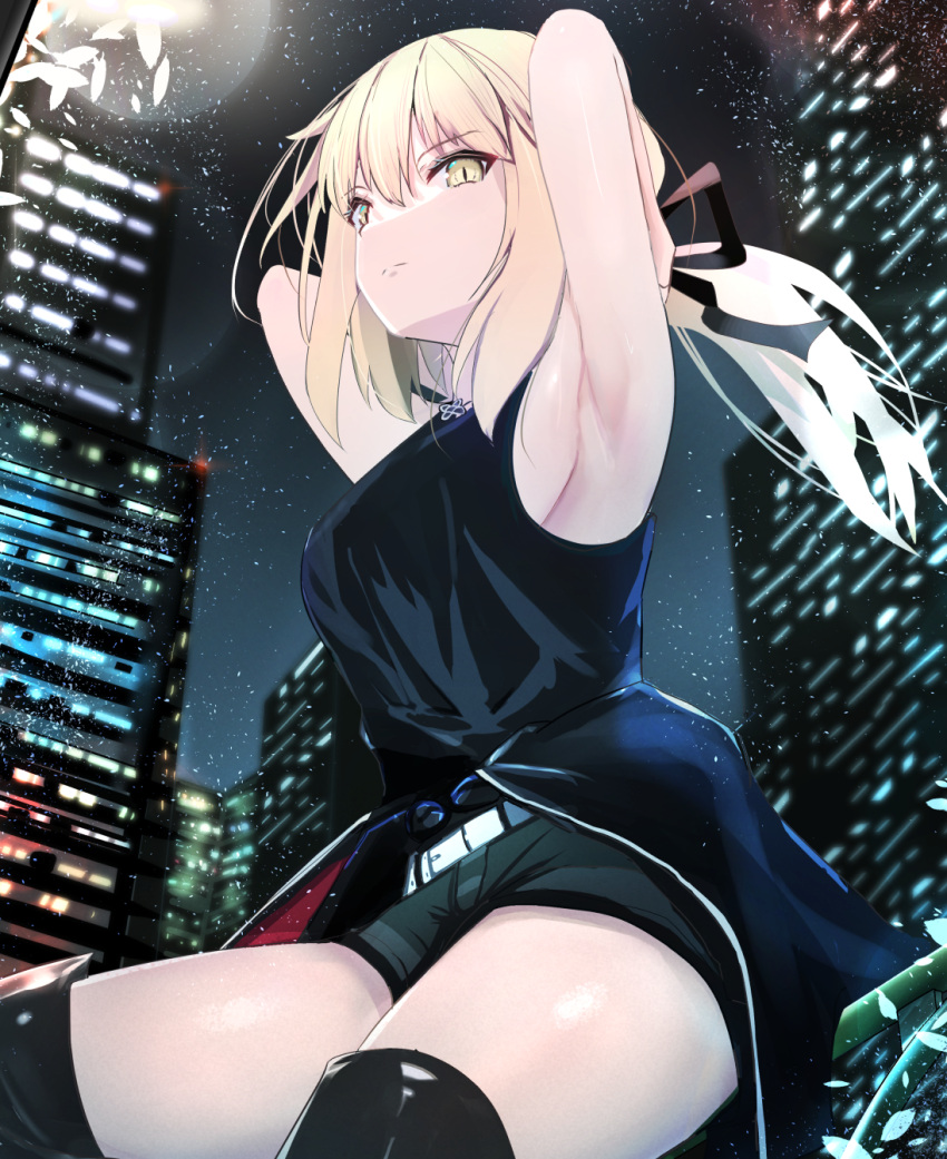 1girl armpits arms_behind_head arms_up artoria_pendragon_(fate) bangs bare_shoulders black_camisole black_footwear black_ribbon black_shorts blonde_hair boots breasts building camisole cityscape cleavage collarbone fate/grand_order fate/stay_night fate_(series) hair_ribbon highres jet_black_king_of_knights_ver._shinjuku_1999 jewelry long_hair looking_at_viewer low_ponytail medium_breasts michinoku_(michino934) necklace night night_sky ribbon saber_alter short_shorts shorts sidelocks sky skyscraper solo thighs yellow_eyes