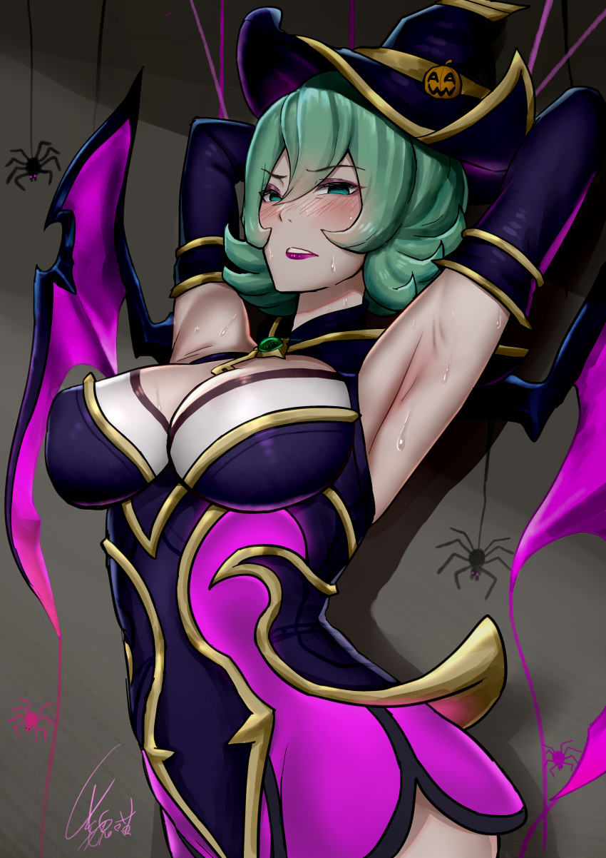 absurdres armpits bangs bewitching_elise black_dress black_headwear black_sleeves blush breasts brown_background bug detached_sleeves dress elise_(league_of_legends) eyebrows_visible_through_hair green_hair halloween highres large_breasts league_of_legends pink_dress pink_wings shiny shiny_hair short_hair signature smile solo spider sweat two-tone_dress two-tone_headwear two-tone_wings upper_body wei_miao wings