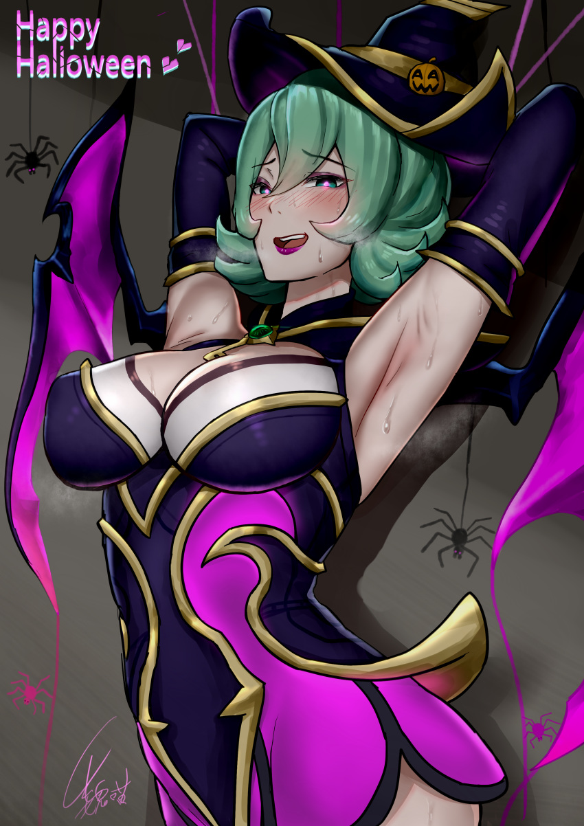 absurdres armpits bangs bewitching_elise black_dress black_headwear black_sleeves blush breasts brown_background bug detached_sleeves dress elise_(league_of_legends) eyebrows_visible_through_hair green_hair halloween highres large_breasts league_of_legends pink_dress pink_wings shiny shiny_hair short_hair signature smile solo spider sweat two-tone_dress two-tone_headwear two-tone_wings upper_body wei_miao wings