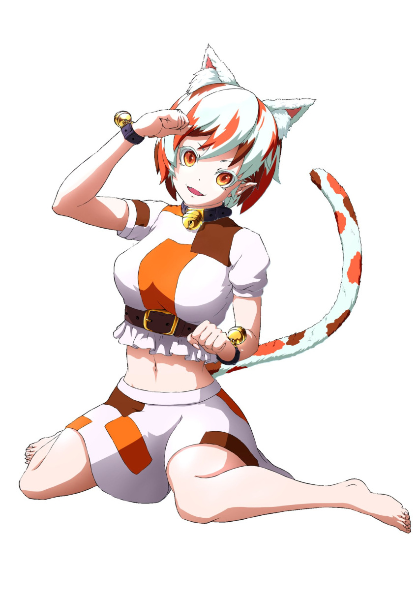 1girl animal_ears bangs bare_legs barefoot bell breasts calico cat_ears cat_girl cat_tail collar crop_top fangs gesture gold goutokuji_mike highres jingle_bell maneki-neko medium_breasts medium_skirt multicolored_clothes multicolored_hair multicolored_skirt multicolored_tail neck_bell orange_eyes patches paw_pose pepelonthi short_hair skirt streaked_hair tail touhou white_hair