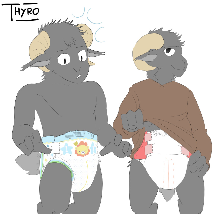 absurd_res abu anthro bovid caprine diaper fur grey_body grey_fur hi_res horn male male/male mammal solo surprise sweater_lift thyro