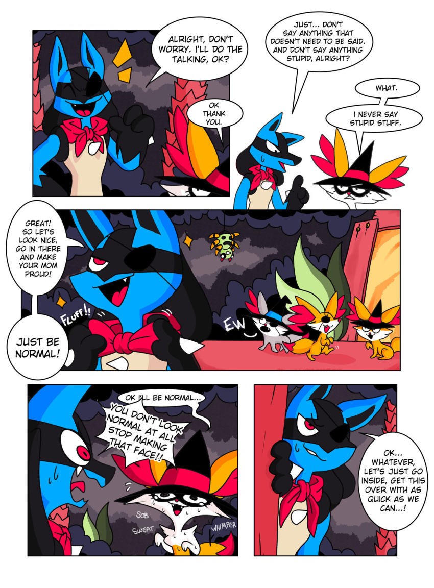 anthro bodily_fluids braixen clothing comic dialogue english_text eye_patch eyewear female fennekin hat headgear headwear hi_res lucario male nintendo pok&eacute;mon pok&eacute;mon_(species) ponporio_(artist) spinarak sweat sweatdrop text video_games wizard_hat