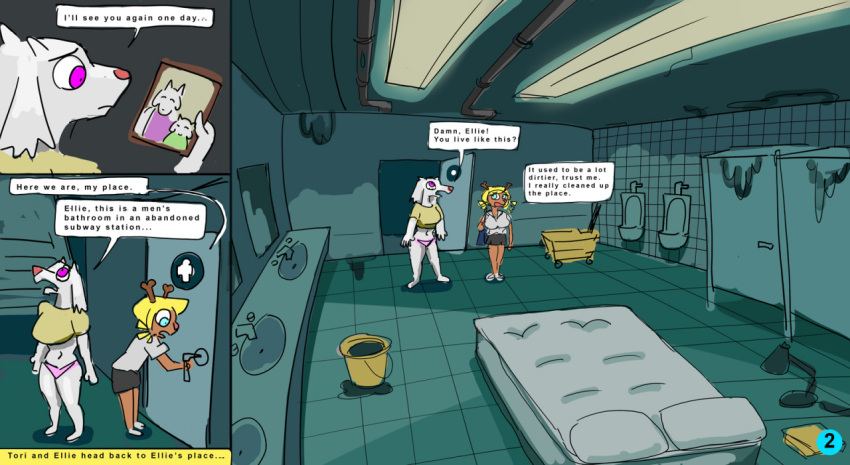 anthro bathroom bovid bucket caprine cervid clothing comic container dank deltarune dialogue dirty duo ellie_workaday english_text female framed_picture goat mammal mattress mature_female men's_bathroom noelle_holiday panties public_restroom restroom_stall seedy stains streetwalker_tori subway sugslimic text toriel undertale undertale_(series) underwear urinal video_games
