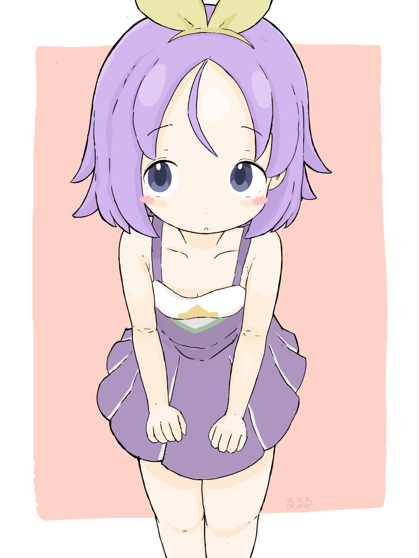 1girl :o absurdres bangs bare_arms bare_shoulders blush_stickers breasts brown_background cleavage collarbone commentary_request dress eyebrows_visible_through_hair feet_out_of_frame forehead hair_ribbon highres hiiragi_tsukasa looking_at_viewer lucky_star parted_bangs parted_lips pleated_dress purple_dress purple_eyes purple_hair ribbon rururu_(pyrk8855) sleeveless sleeveless_dress small_breasts solo standing two-tone_background white_background yellow_ribbon