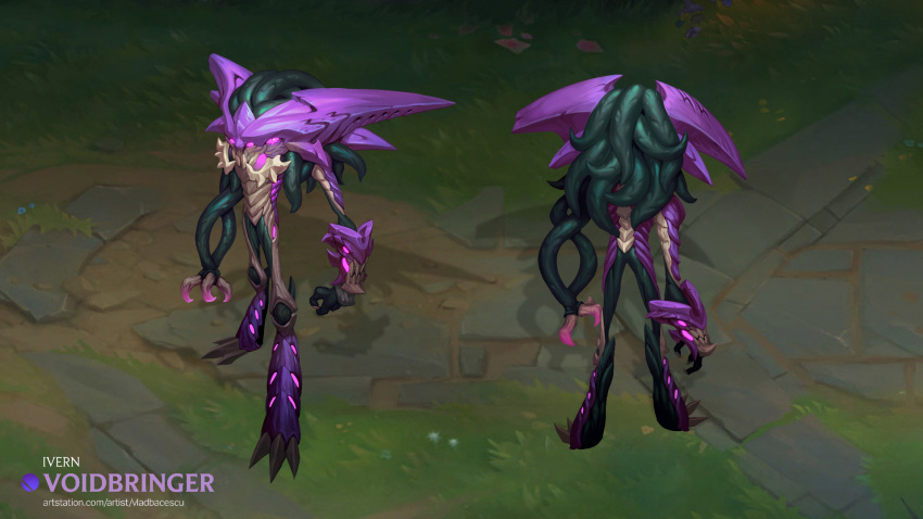 1boy alternate_costume character_name claws creature full_body highres horns ivern league_of_legends open_mouth outdoors pink_eyes standing vladbacescu web_address