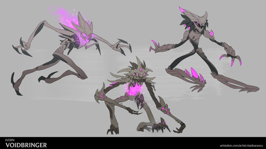1boy character_name from_side full_body grey_background highres ivern league_of_legends sharp_teeth spot_color teeth vladbacescu voidling web_address