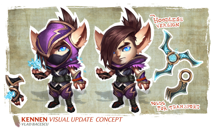 1boy bangs belt black_footwear blue_eyes border brown_background brown_belt brown_hair character_name concept_art electricity full_body hair_over_one_eye hand_up highres hood_over_one_eye kennen league_of_legends multiple_views nail_polish ponytail pouch red_nails slit_pupils vladbacescu weapon white_border