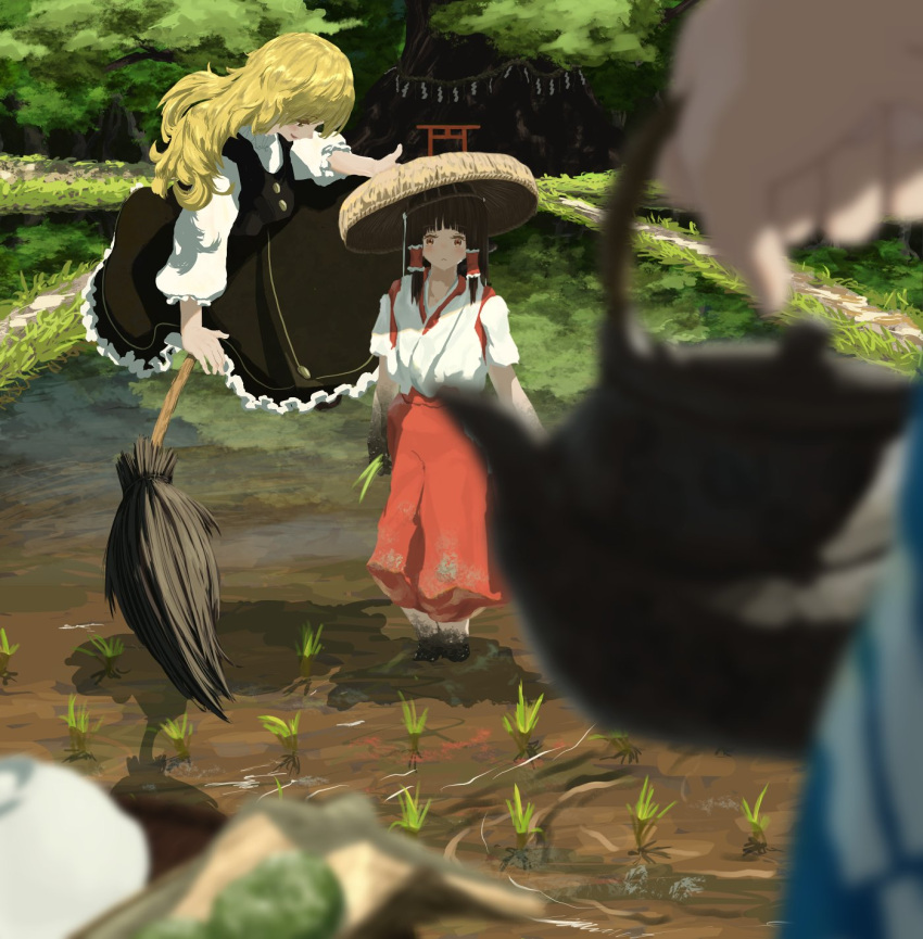 1girl black_dress blonde_hair blue_sleeves broom broom_riding brown_eyes brown_hair buttons dirty dirty_clothes dress hair_tubes hakama hakama_skirt hakurei_reimu harvesting hat highres holding holding_teapot japanese_clothes kajatony kimono kirisame_marisa log long_hair long_sleeves miko morichika_rinnosuke no_hat no_headwear puffy_sleeves red_hakama rice_paddy rope sandogasa shide shimenawa sidelocks skirt sleeves_rolled_up solo straw straw_hat teapot torii touhou tree white_kimono yellow_eyes