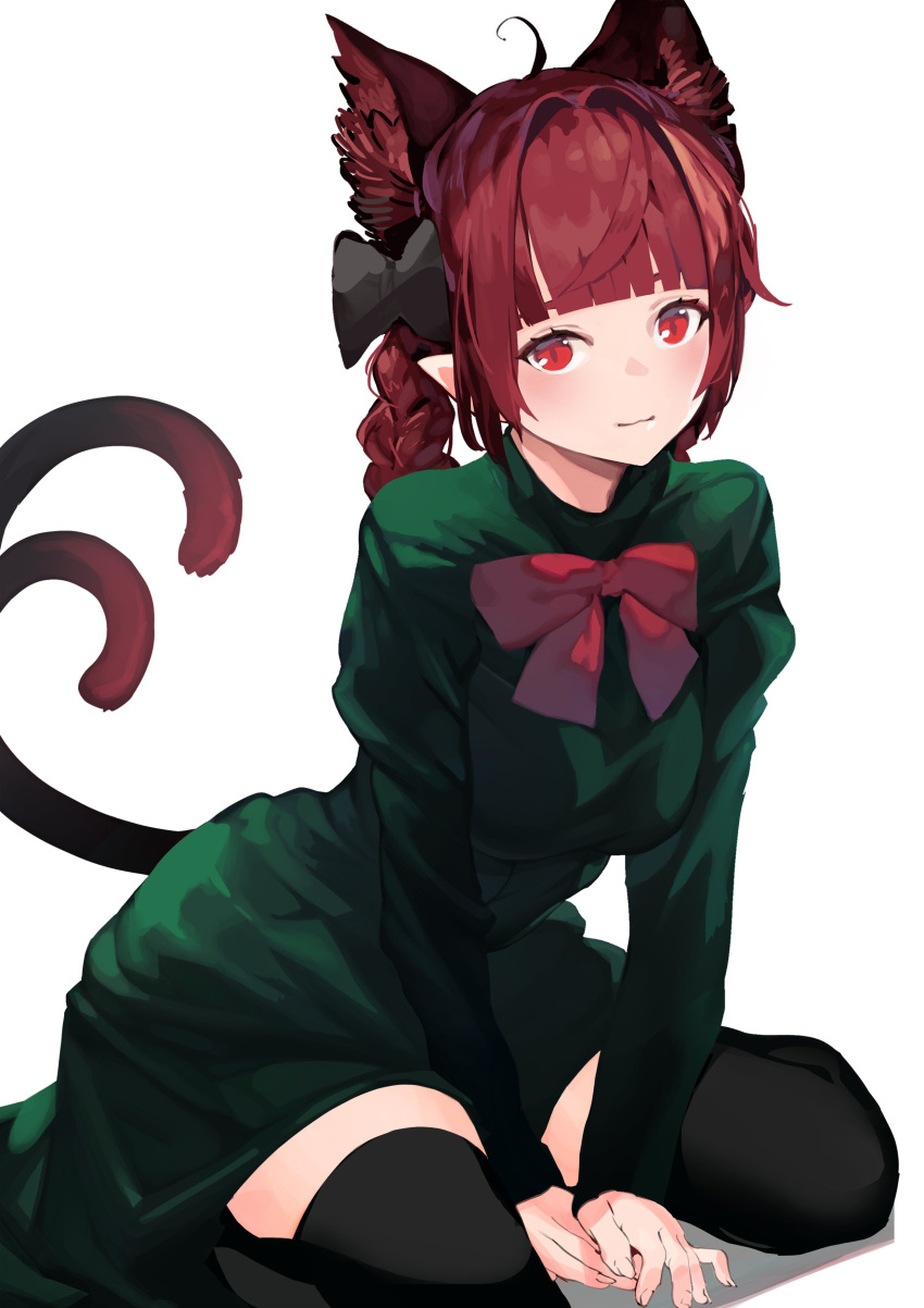 1girl :3 absurdres animal_ear_fluff animal_ears arm_support bangs black_bow black_legwear blunt_bangs blush bow bowtie braid breasts cat_ears cat_tail closed_mouth commentary dress eyebrows_behind_hair fingernails forked_tail full_body green_dress hair_bow highres kaenbyou_rin kneeling large_breasts leaning_forward long_hair nekomata onion_(onion_and_pi-natto) red_bow red_bowtie red_eyes red_hair simple_background solo tail thighhighs touhou tsurime twin_braids v_arms white_background