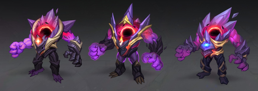 1boy colored_skin dark_star_malphite english_commentary facing_viewer full_body glowing gradient gradient_background grey_background highres horns league_of_legends malphite pink_skin sharp_teeth standing teeth vladbacescu