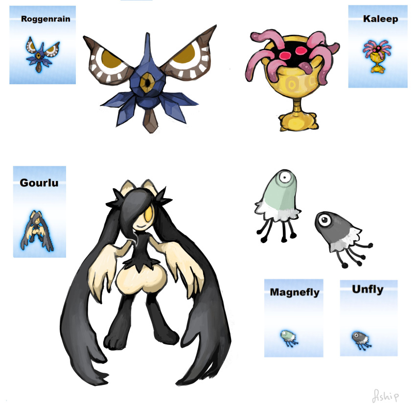absurdres closed_mouth cutiefly fusion golurk highres kabuto_(pokemon) lileep looking_at_viewer magnemite masquerain matilda_fiship pokemon pokemon_(creature) reference_inset riolu roggenrola signature smile unown