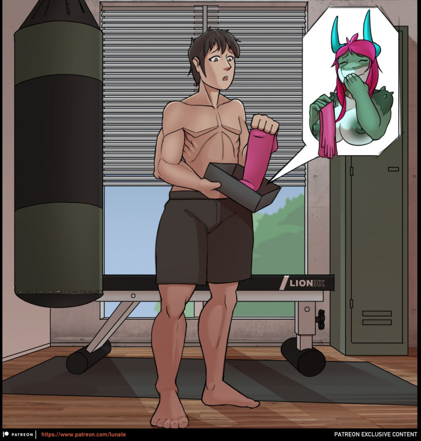 anthro big_breasts bottomwear box breasts clothed clothing container dragon female gloves gym handwear hi_res horn human latex_gloves locker lunate male mammal punching_bag shorts solo topless topless_male weight_bench