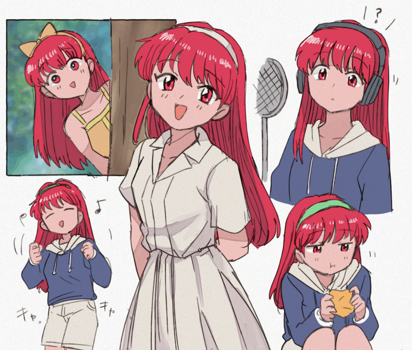 1girl :d bangs blue_jacket blue_sailor_collar bow collarbone dancing dress eating fujisaki_shiori hair_bow hairband headphones hood hoodie jacket long_hair long_sleeves looking_at_viewer multiple_views red_eyes red_hair sailor_collar skirt smile tokimeki_memorial tokimeki_memorial_1 tsubobot white_dress yellow_bow yellow_dress