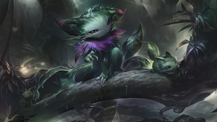 1boy absurdres animal claws closed_mouth commentary_request fur_trim gnar_(league_of_legends) highres jungle league_of_legends nature outdoors rain tree water wutu_(1183238220)