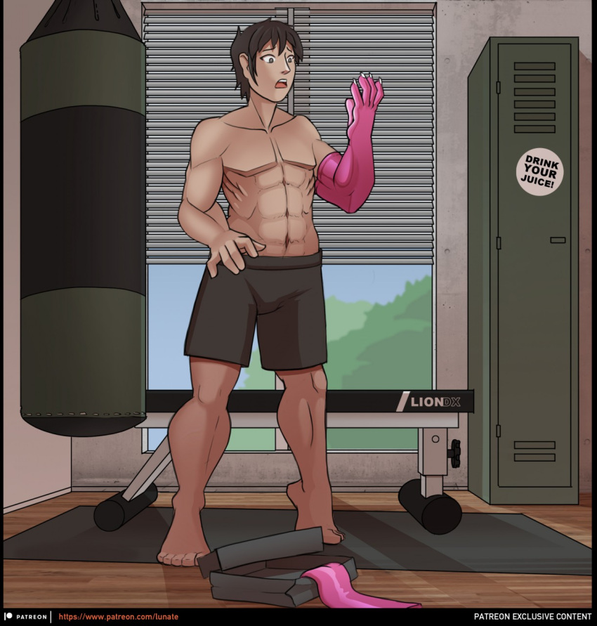 bottomwear bound box claws clothed clothing container encasement gloves gym handwear hi_res human latex_gloves locker lunate male mammal punching_bag shorts solo surprise topless topless_male transformation weight_bench window