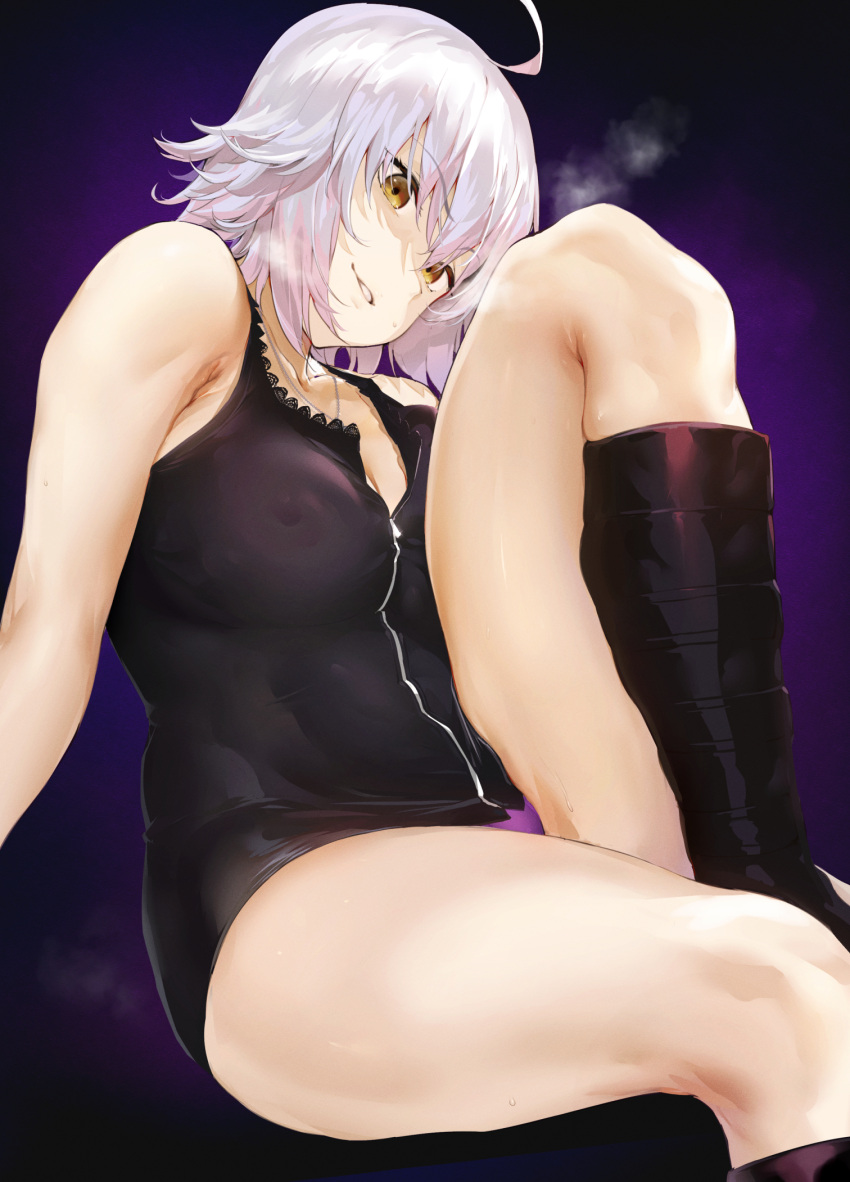1girl ahoge bangs bare_shoulders boots breasts cleavage collarbone covered_nipples dress fate/grand_order fate_(series) grin highres ikuchan_kaoru jeanne_d'arc_(alter)_(fate) jeanne_d'arc_(fate) jewelry looking_at_viewer necklace panties purple_panties short_hair silver_hair simple_background sitting sleeveless smile solo sweat thighs tight tight_dress underwear wicked_dragon_witch_ver._shinjuku_1999 yellow_eyes