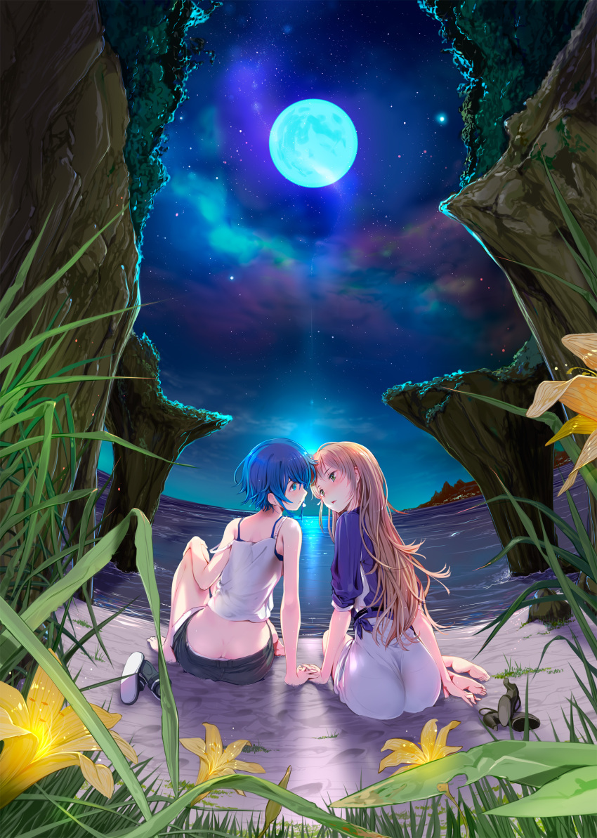 2girls absurdres bangs barefoot beach belt black_belt black_shorts blue_eyes blue_hair blue_jacket blush brown_hair camisole commentary_request dress dripping flower from_behind full_moon grass green_eyes high_heels highres holding_hands jacket knees_up looking_at_another mikazuki_akira! misakino_kukuru miyazawa_fuuka moon multiple_girls night on_ground outdoors parted_lips partial_commentary sand sandals sandals_removed scenery shiroi_suna_no_aquatope shoes shoes_removed short_hair shorts sitting water wet white_camisole white_dress wide_shot yellow_flower yokozuwari yuri