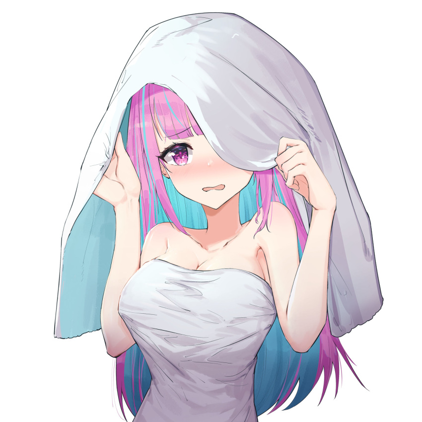 1girl bangs bare_arms bare_shoulders blue_hair blush breasts cleavage commentary_request eyebrows_visible_through_hair hands_up highres hololive large_breasts long_hair looking_at_viewer minato_aqua multicolored_hair nose_blush open_mouth purple_eyes purple_hair simple_background solo strapless towel towel_on_head tube_top upper_body vchan white_background