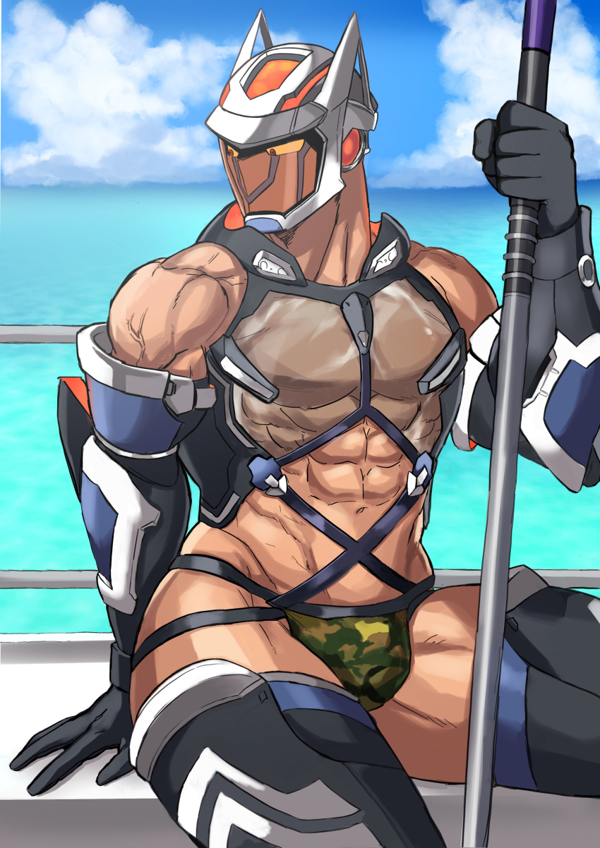 1boy 1hao_(@cerbero64) abs absurdres algernon_(housamo) bara bare_shoulders beach between_pectorals bulge camouflage_print chest_harness colored_sclera feet_out_of_frame harness helmet highres male_focus muscular muscular_male navel nipples official_alternate_costume pectorals planted print_male_swimwear red_eyes see-through sitting solo thick_thighs thighs tokyo_afterschool_summoners water yellow_sclera