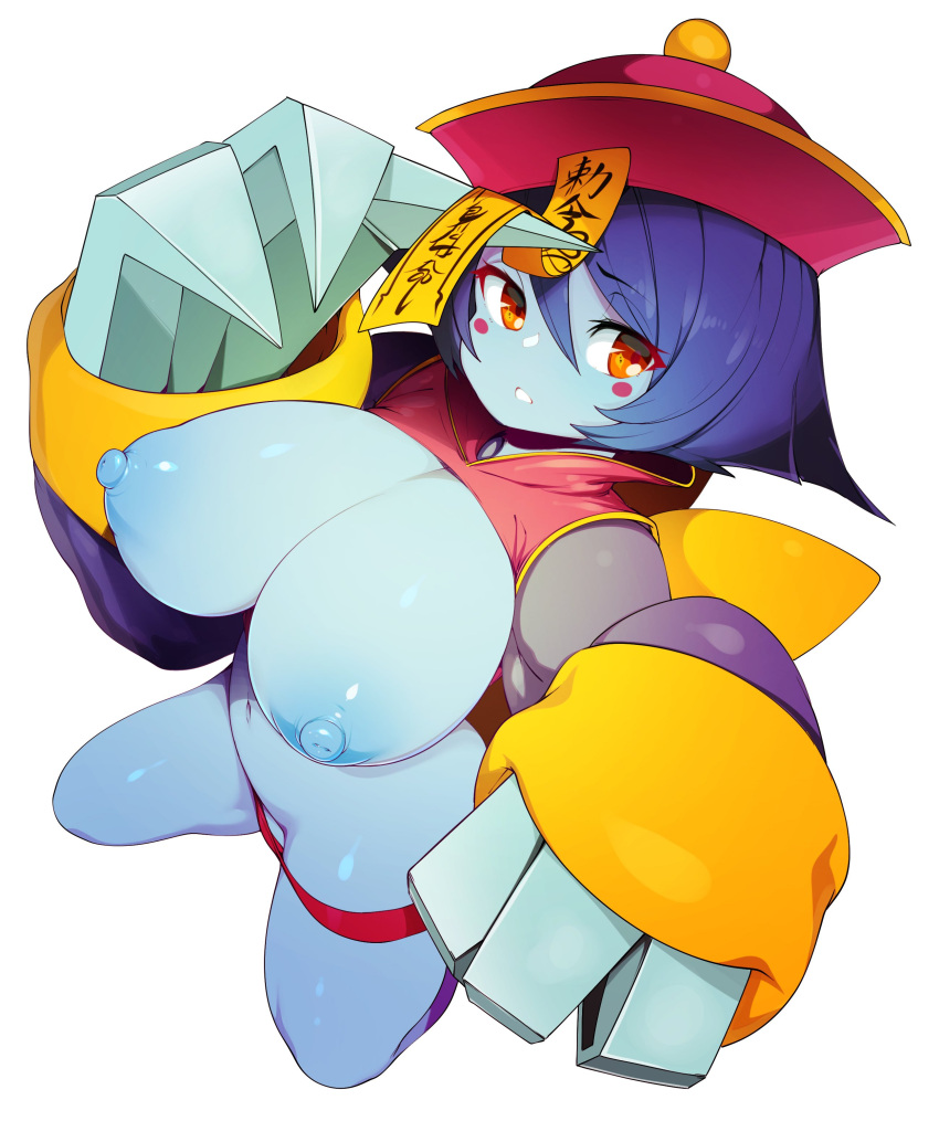 1girl absurdres blue_hair blue_skin blush_stickers breasts chinese_clothes claw_(weapon) colored_skin commentary english_commentary hair_between_eyes hat highres jiangshi large_breasts lei_lei looking_at_viewer navel nipples ofuda qing_guanmao simple_background slugbox solo teeth vampire_(game) weapon white_background