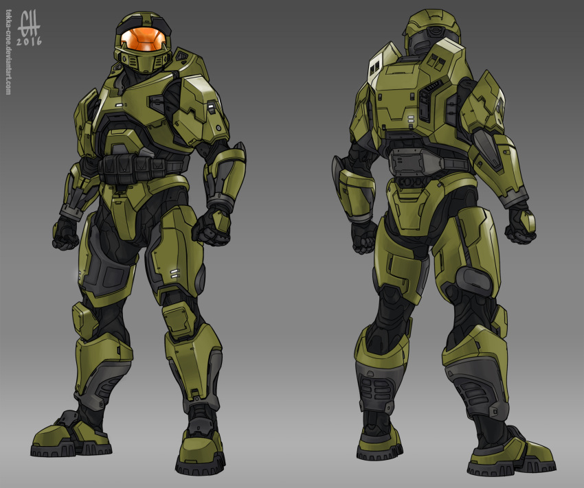 1boy 2016 clenched_hand clenched_hands english_commentary halo:_combat_evolved halo_(series) halo_5:_guardians highres looking_up male_focus master_chief multiple_views power_armor redesign science_fiction spartan_(halo) standing tekka-croe visor web_address