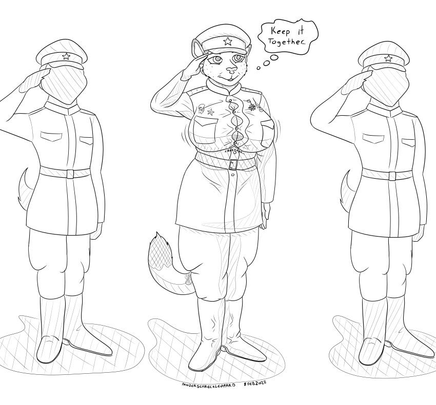 2022 absurd_res anthro belt big_breasts boots breasts clothing faceless_character faceless_male felid female footwear gesture group hat headgear headwear hi_res laya_chuganova male mammal medal military_uniform monochrome pantherine panzerschreckleopard russian salute snow_leopard soviet_union straining_buttons thought_bubble tight_clothing uniform world_war_2 worried