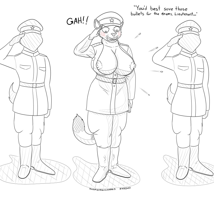 2022 absurd_res anthro belt big_breasts blush boots breasts button_pop clothing dialogue faceless_character faceless_male felid female footwear gesture group hat headgear headwear hi_res laya_chuganova male mammal military_uniform monochrome nipples pantherine panzerschreckleopard russian salute snow_leopard soviet_union surprise uniform wardrobe_malfunction world_war_2