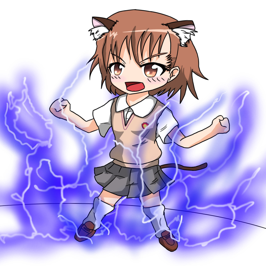 1girl animal_ears biribiri chibi highres honjo_tsubasa misaka_mikoto open_mouth raccoon_ears school_uniform short_hair toaru_kagaku_no_railgun toaru_majutsu_no_index