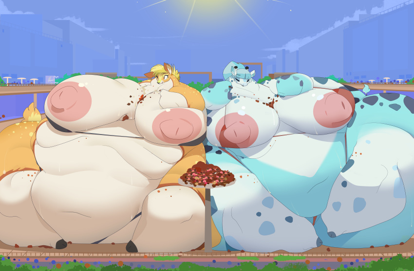 absurd_res animal_humanoid anthro belly big_breasts blonde_hair blood_on_floor blue_body blue_hair bodily_fluids bovid bovid_humanoid bovine bovine_humanoid bra breasts canid canid_humanoid canine canine_humanoid canis cattle cattle_humanoid city city_background cityscape clothing cloud commoddity coyote coyote_humanoid crowd duo female female/female food food_on_breasts fur grass green_hair group hair hi_res huge_breasts human humanoid hyper hyper_breasts immobile light macro mammal mammal_humanoid messy messy_eater navel nipples obese obese_anthro obese_female orange_body orange_fur overweight overweight_anthro overweight_female panties plant platform railing rails sky smile sunlight sweat sweatdrop tan_body tan_fur umbrella underwear